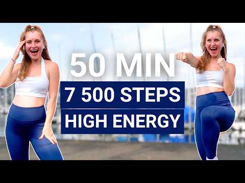 50 Min 7500 Steps — High energy (no jumps) walking workout, full body sweaty cardio at home — indoor walking workout video