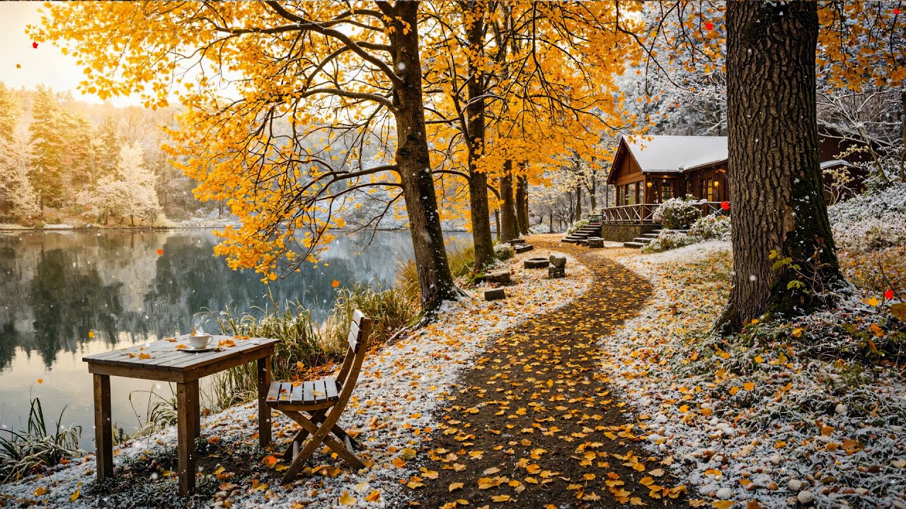 Autumn-to-Winter Lakeside Cabin Jazz 🍁 Cozy Riverside Café Ambience for Focus & Study ❄️