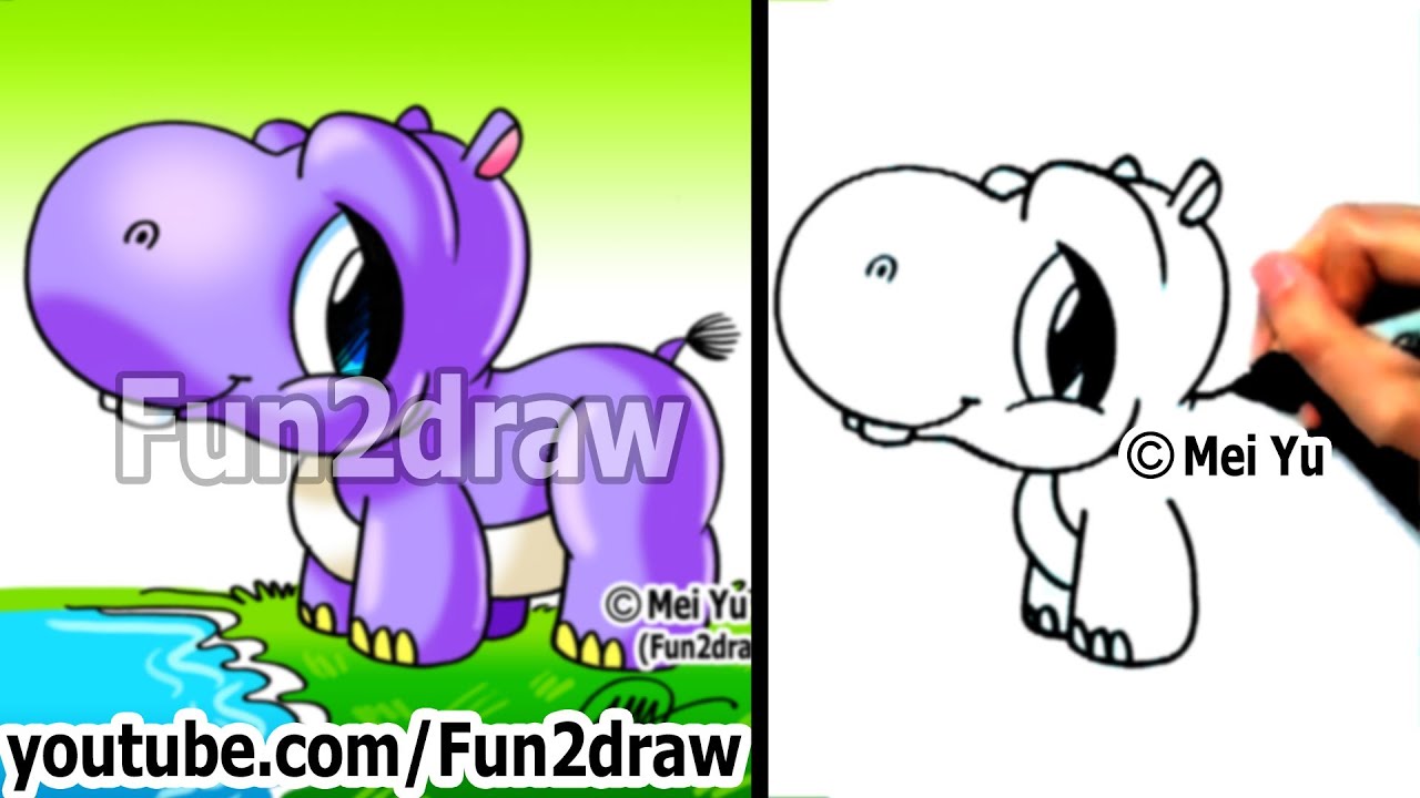 How to Draw Cartoons - Cute Baby Hippo - Easy Drawings - Fun2draw - YouTube