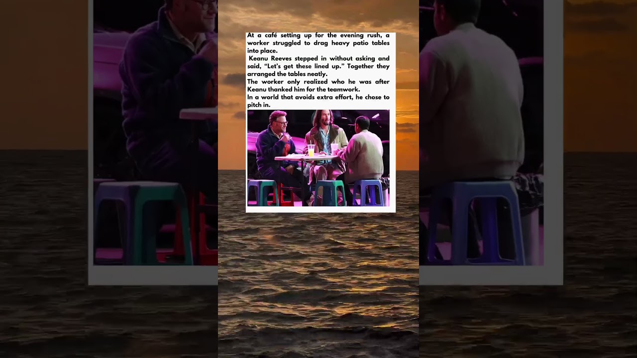 Keanu Helps a Worker Move Patio Furniture.