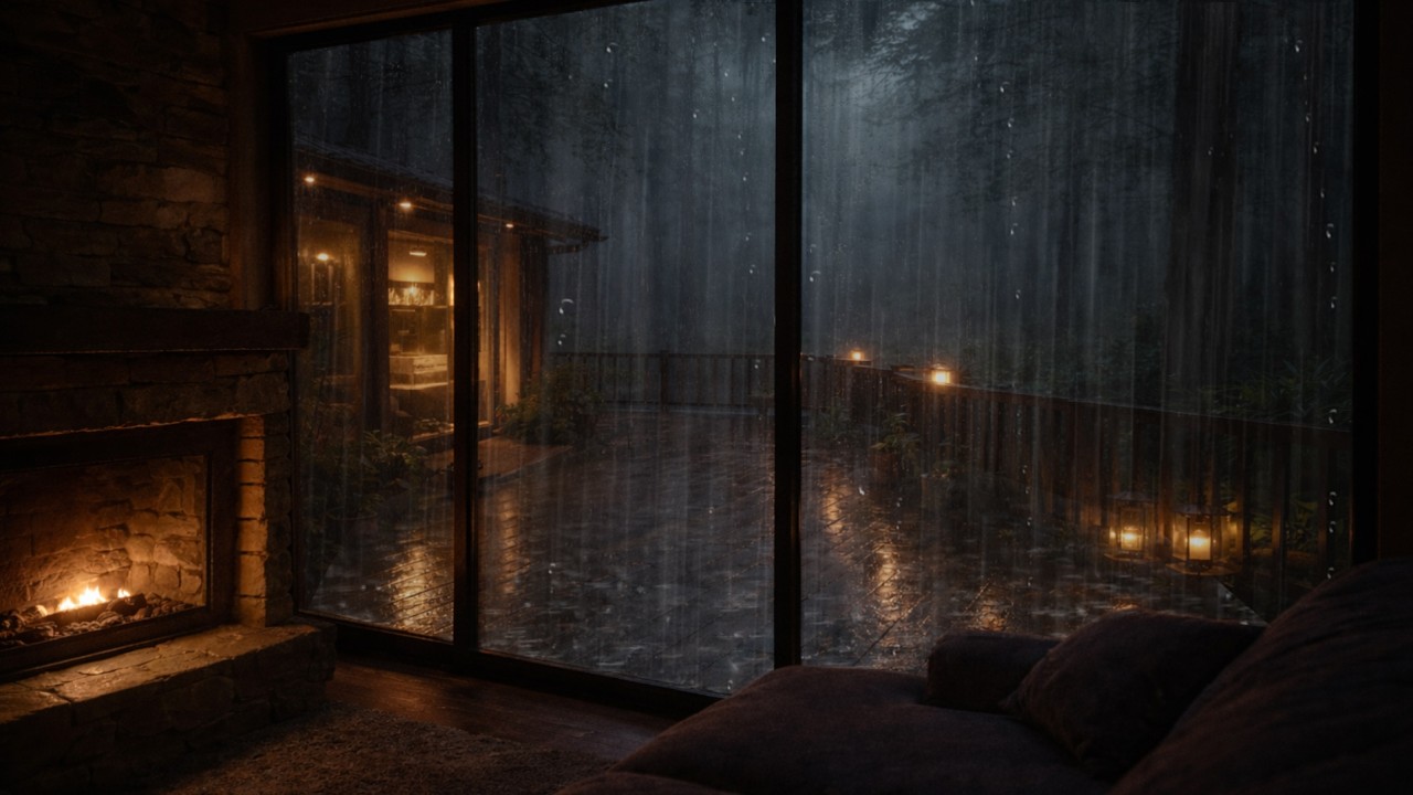 3 Hours Heavy Rain on a Cozy Glass Cabin | Dark Forest Fireplace Night ...