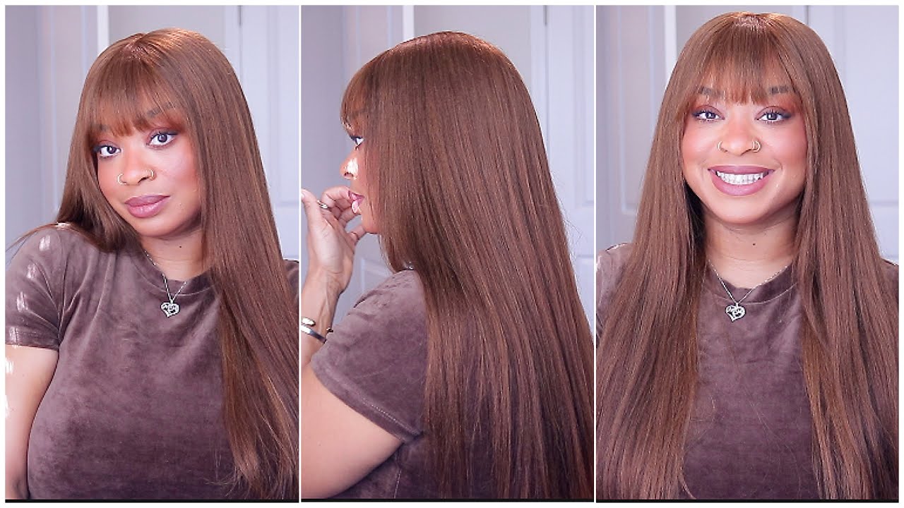 ? 24” Layered HONEY BROWN YAKI STRAIGHT Bang Wig *NEW* 7JHH WIGS High Density Synthetic Mocha Brown Wig for Women  main image 2