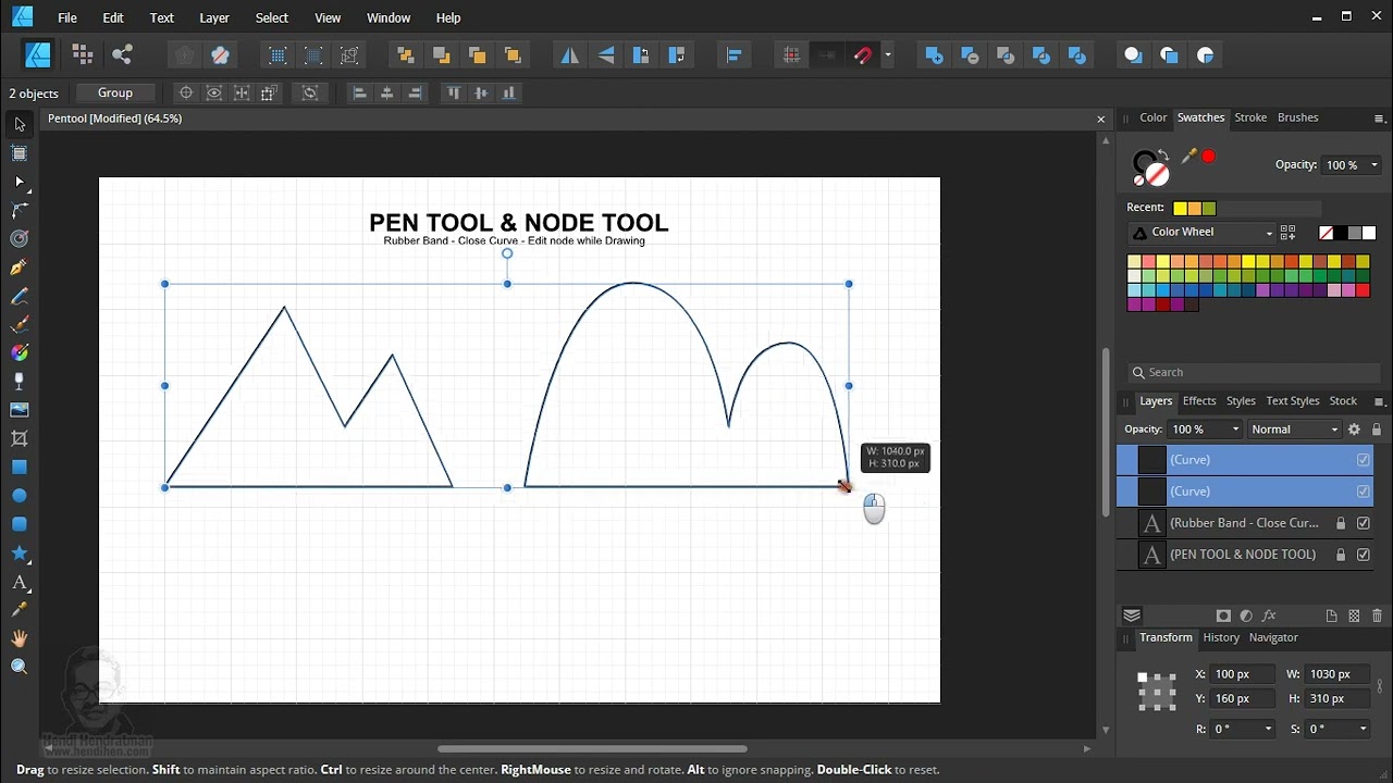 Pen Tool dan Node Tool fitur Rubber Band dan Edit While Drawing - Affinity Designer