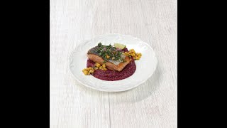 Baked Salmon with Mashed Beet and Sweet Corn