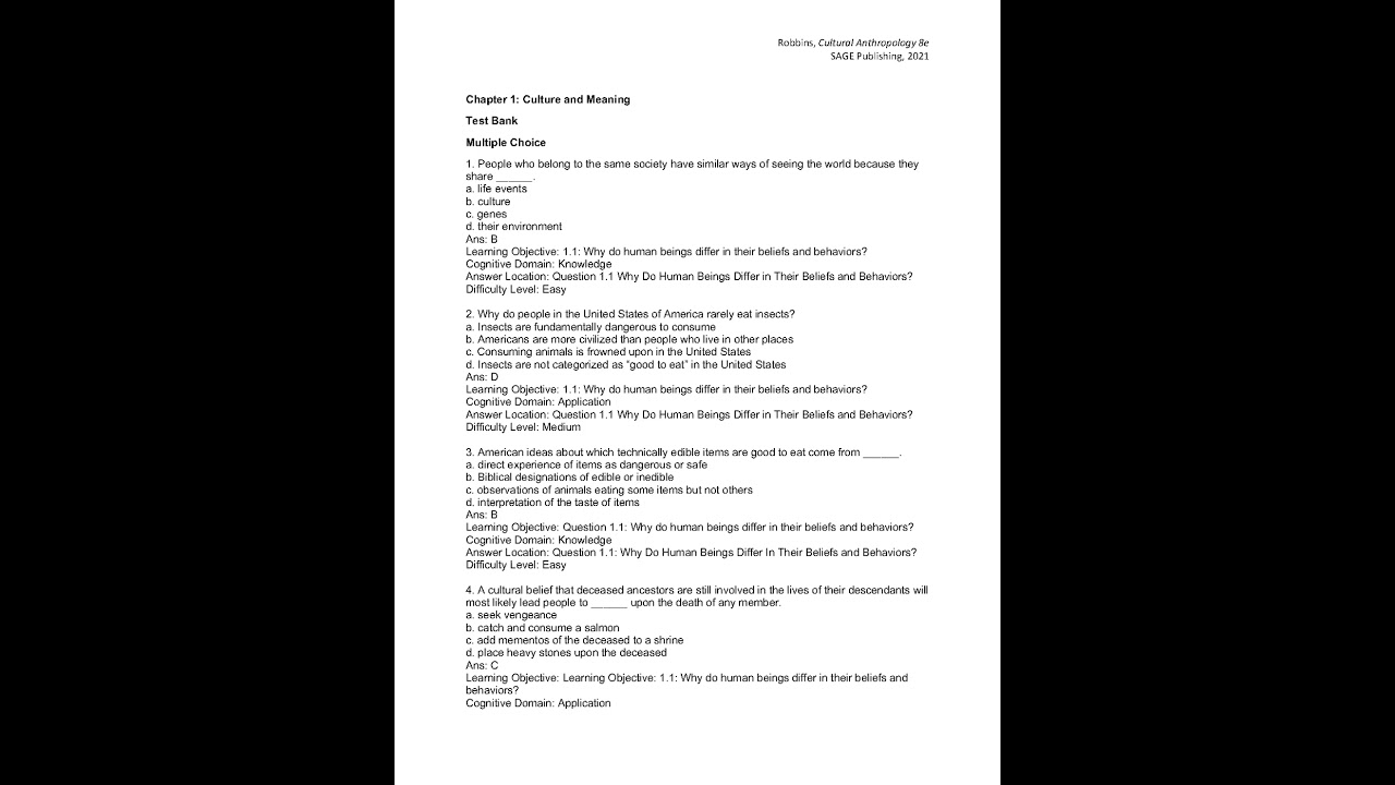 TEST BANK: Robbins, Cultural Anthropology 8TH EDITION SAGE Publishing