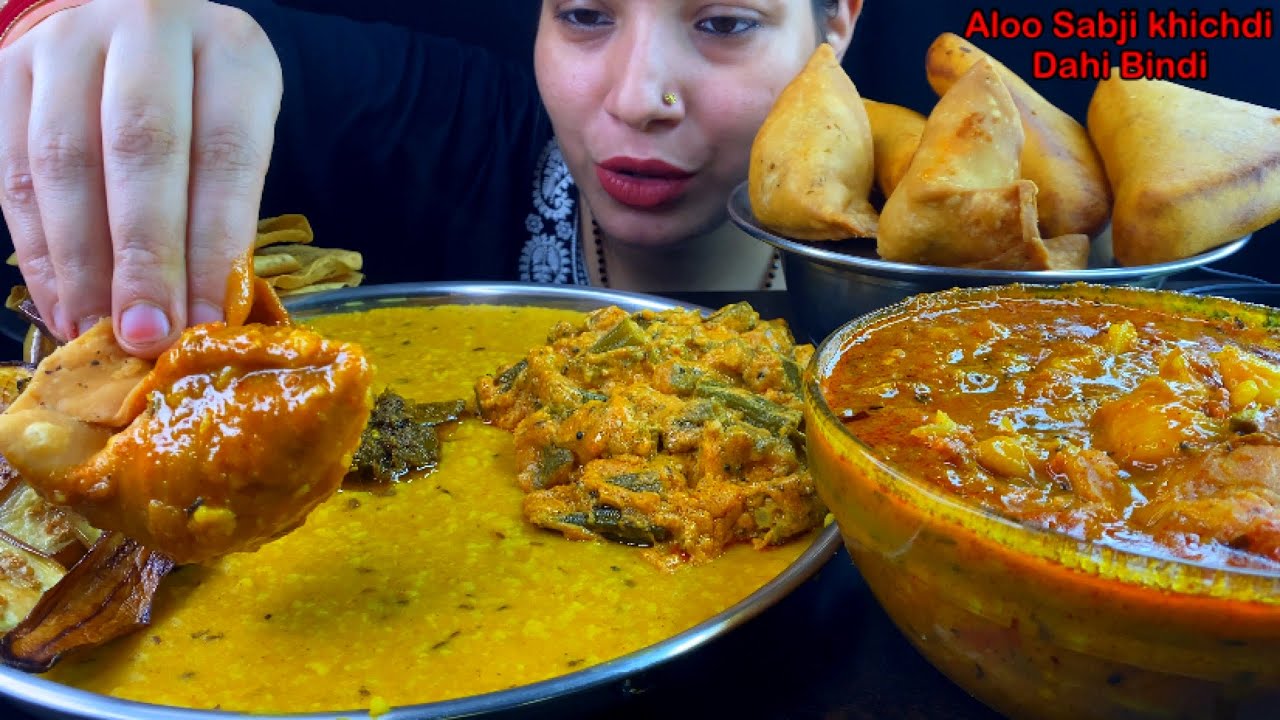 Eating Spicy🔥 Khichdi, Aloo Ki Sabji, Dahi Bhindi, Aloo Samosa, Bengan Fry, Bread Pakoda| Food Show