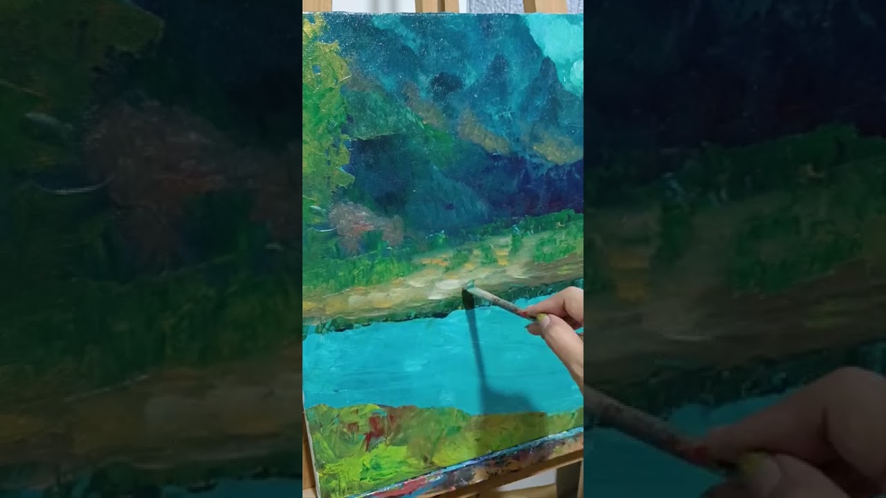 Membuat dimensi pada lukisan sungai pemandangan 