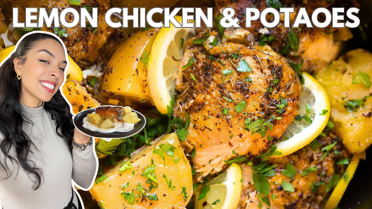 Baked Lemon Chicken & Potatoes & Whipped Feta | How To Make Juicy Lemon Chicken Thighs