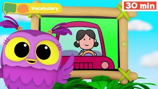 Hoot, Scoot & What | Learn Vocabulary for Kids | First Words & ABC alphabet  | Vehicles for Babies