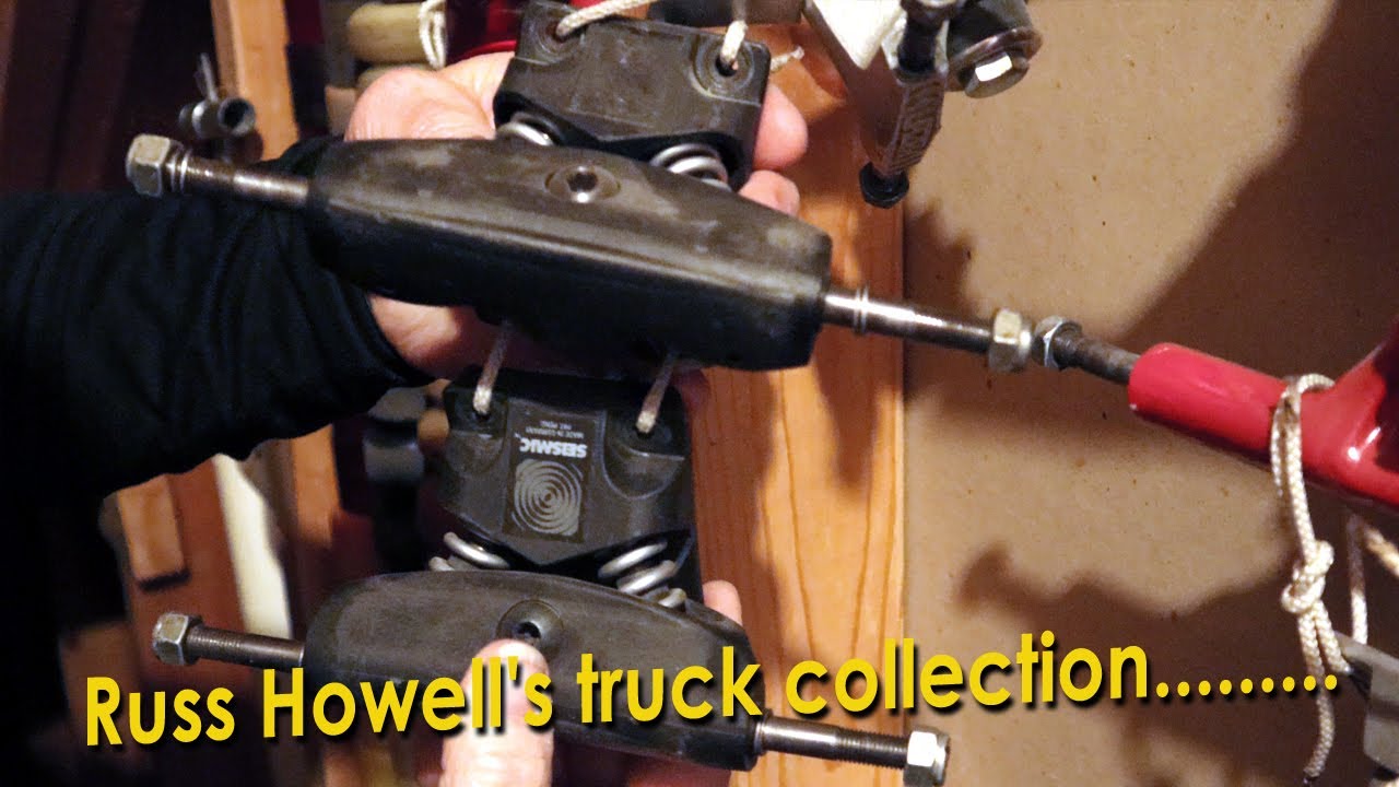Russ Howell's skateboard truck collection in his storage room