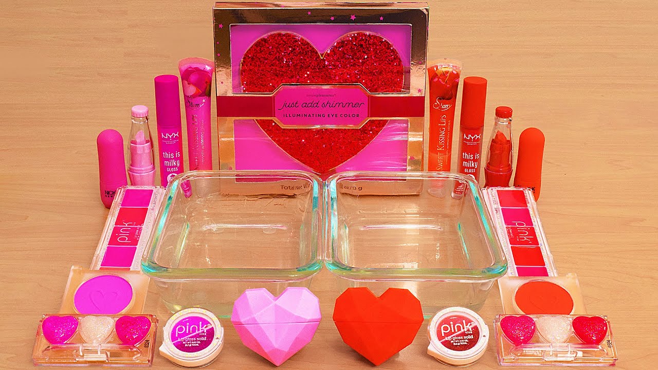 Pink vs Red Valentine's Day Slime - Mixing Makeup Eyeshadow Into Satisfying Slime ASMR