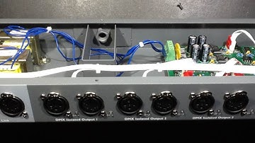 Inside a Showtec DB-1-4 DMX isolator, buffer, repeater.