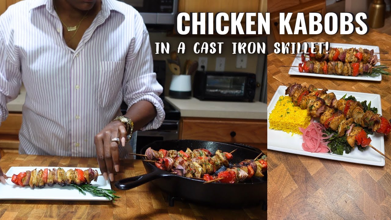 COOKING IN MY CAST IRON SKILLET! Chicken & Vegetable Kabobs w/ Yellow
