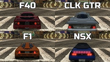 Ferrari F40 vs Mercedes-Benz CLK GTR vs Mclaren F1 vs Acura NSX - NFS MW Redux V3 - Drag Race