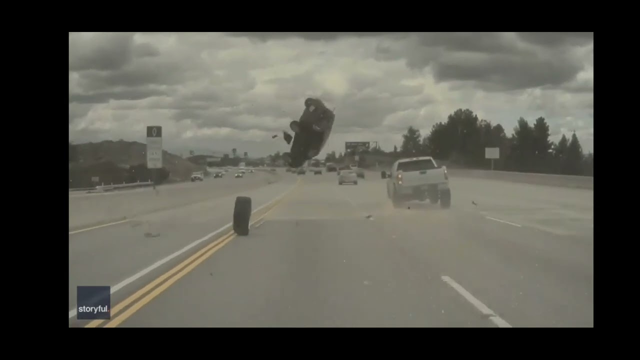 Car flip on Los Angeles freeway after tire pops off pickup truck, video shows YouTube