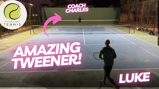Tennis Hitting & Point Play Practice: Luke and Coach Charles - Includes An Amazing Tweener!