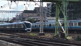 JR特急サフィール踊り子2号東京行きE261系3002MRS2宮オオと相鉄線直通各駅停車海老名行き12001 241M、埼京線直通各駅停車新宿行きE233系148M114宮ハエが走行！【花月園前踏切】