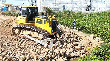 New Amazing Activities Road Building Across Lake Water Big Dozer SHANTUI Push Soil Stone Levelling