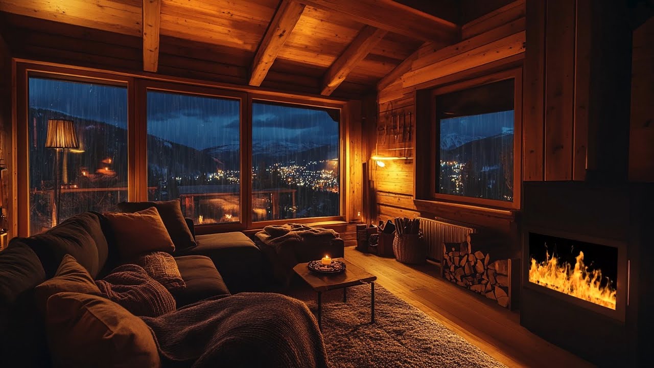 Thunderstorm with Lightning, Rain, Crackling Fireplace & Sleeping Cats in a Cozy Cabin