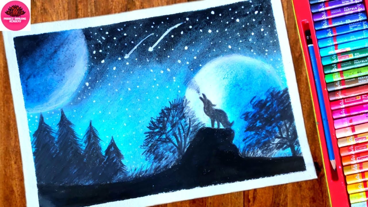 Fox || wolf in beautiful moonlight scenery drawing with oil pastel ...