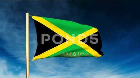 Jamaica Flag Slider Style With Title. Waving In The Wind With Cloud Background