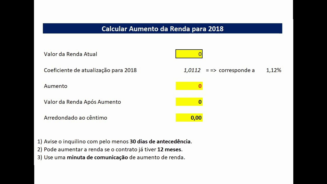Como Calcular O Aumento Das Rendas Em 2018 Simulador Em Excel YouTube