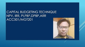 ACC501|MGT201|Finance|Capital Budgeting Techniques||In Excel||NPV|IRR|PI|PBP|DPBP|ARR