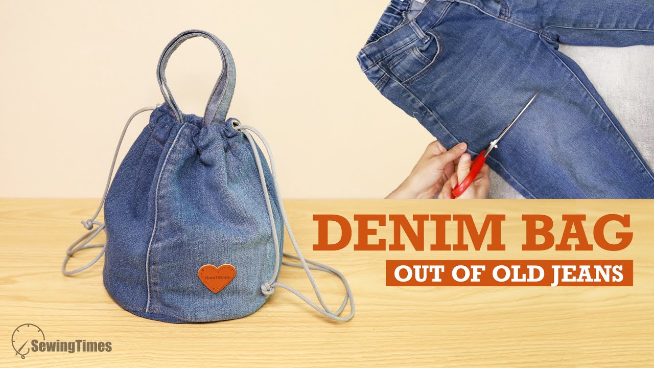 【SATIIIZ】Khaol Denim Pocket String Bag Denim Bag from Old Jeans 🐳 DIY Drawstring Bag with Handle