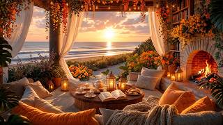 A Golden Autumn Evening at a Beach Cottage… 🍂🌅🔥  Ocean Waves, Crackling Fire & Cozy Reading Ambience