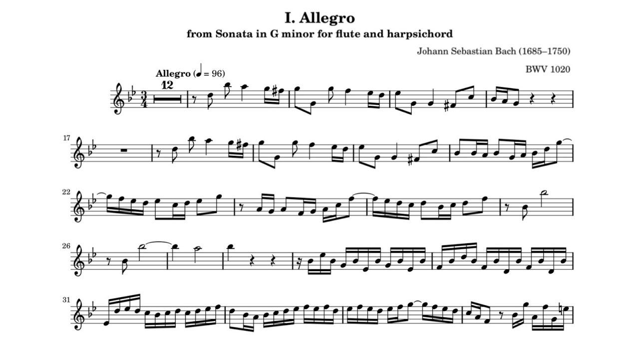 J. S. Bach - Sonata in G minor BWV1020, 1st movt Allegro ♩=76