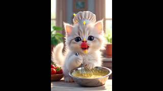 Tiny White Kitten Chef Cooks Strawberry Pancakes 🐾🥞