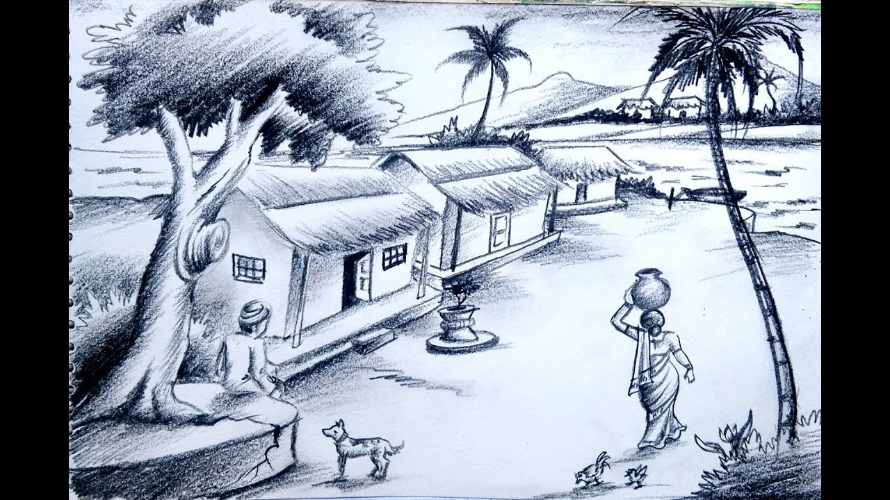 Village scenery pencil shading How to Draw Village life Scenery