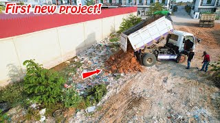 Full Processing Making New Filling land By Dump Truck With Heavy Bulldozer delete pond into mud