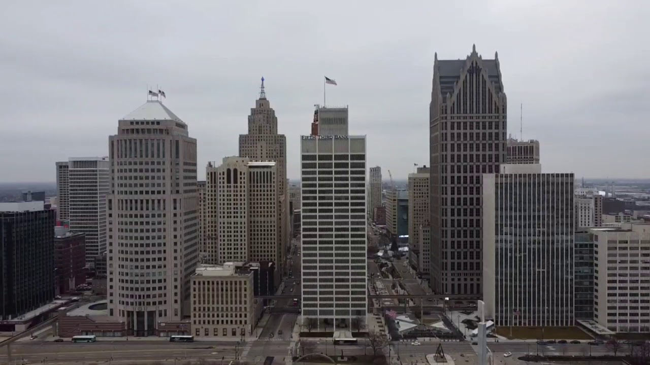 The Detroit River with skyline of Detroit and Windsor