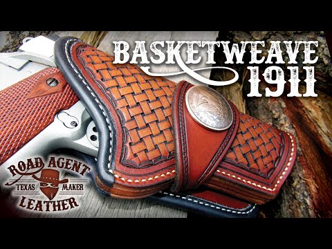 Making a Basketweave Tooled 1911 Holster with Bound Edge Seam and Liner ASMR Leathercraft