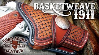 Making a Basketweave Tooled 1911 Holster with Bound Edge Seam and Liner ASMR Leathercraft