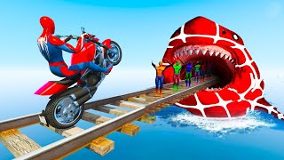 Superheroes on Bike Drive Water Slides MEGALODON GTA 5 SPIDERMAN shark gliding through the water.