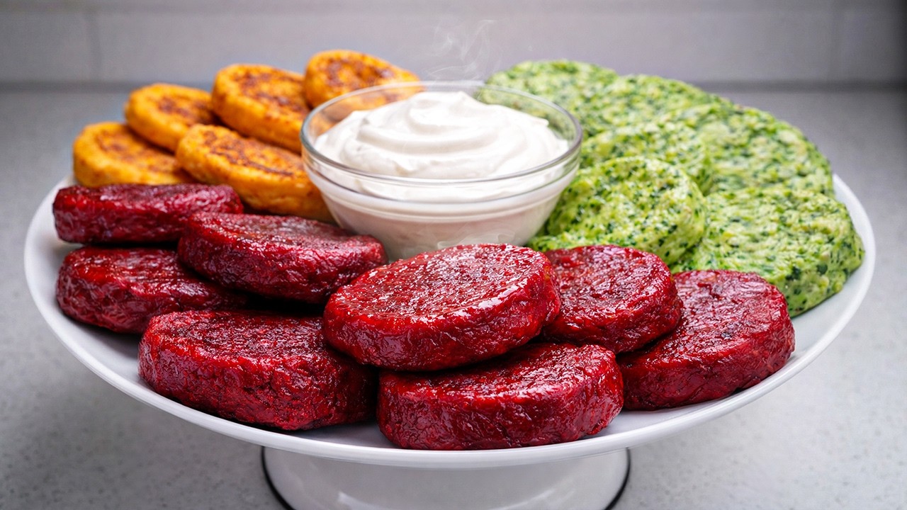 Трёхцветные овощные оладьи 🌈🥕🥦 — яркий и необычный завтрак! 🥞✨