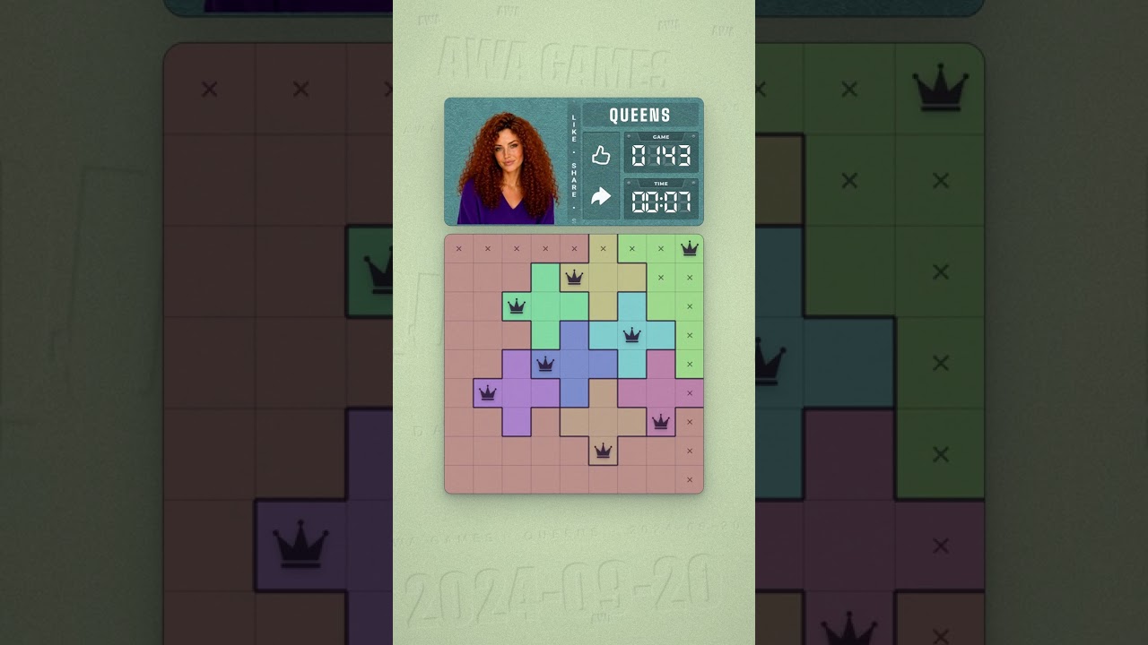 LinkedIn Queens #143 solved board for September 20, 2024, 9x9 grid