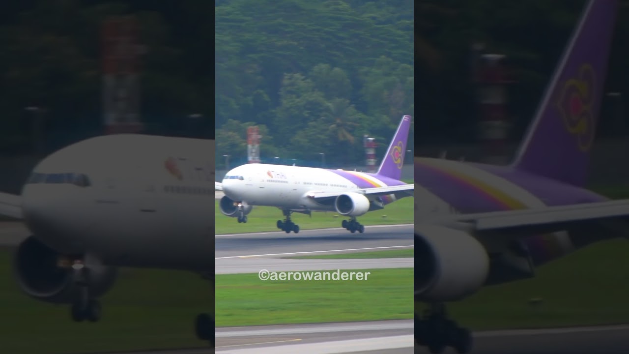 THAI AIRWAYS B777-200ER landing at Singapore Changi Airport 
