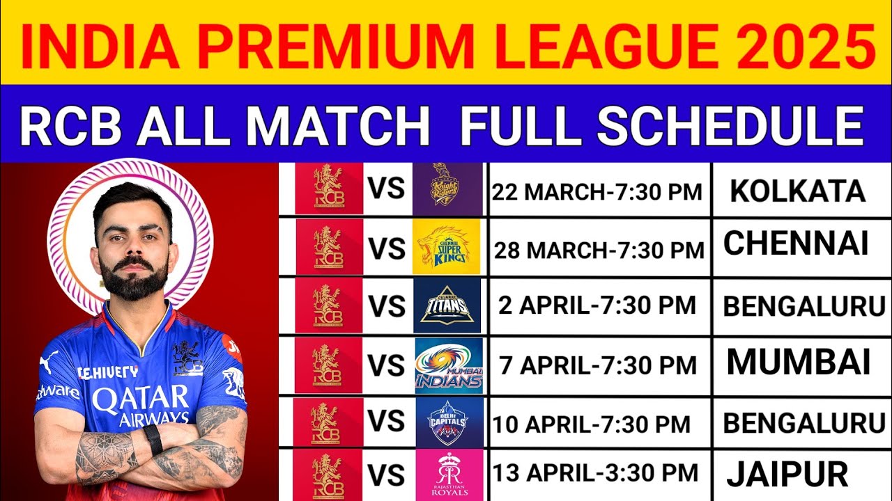 IPL 2025 - Royal Challengers Bangalore Match Schedule | RCB Match Schedule 2025 | Time Table Venue |