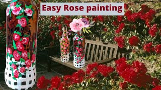 Red Rose Painting on Bottle | Easy painting technique for roses | Sikha Crafts