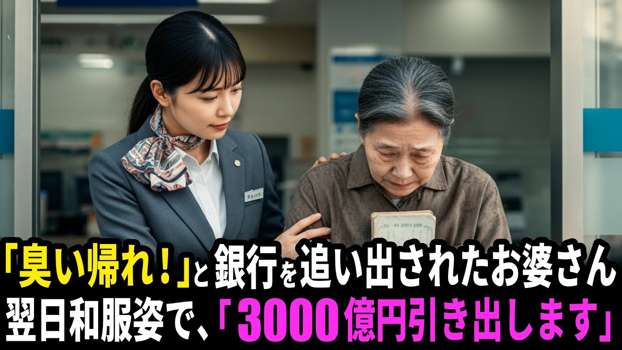 「臭いから帰れ！」銀行を追い出されたボロボロのおばあさんを、若手女性行員がそっと励ました。翌日、おばあさんが和服姿で現れ「3000億円引き出します。」全行員が息を呑む。
