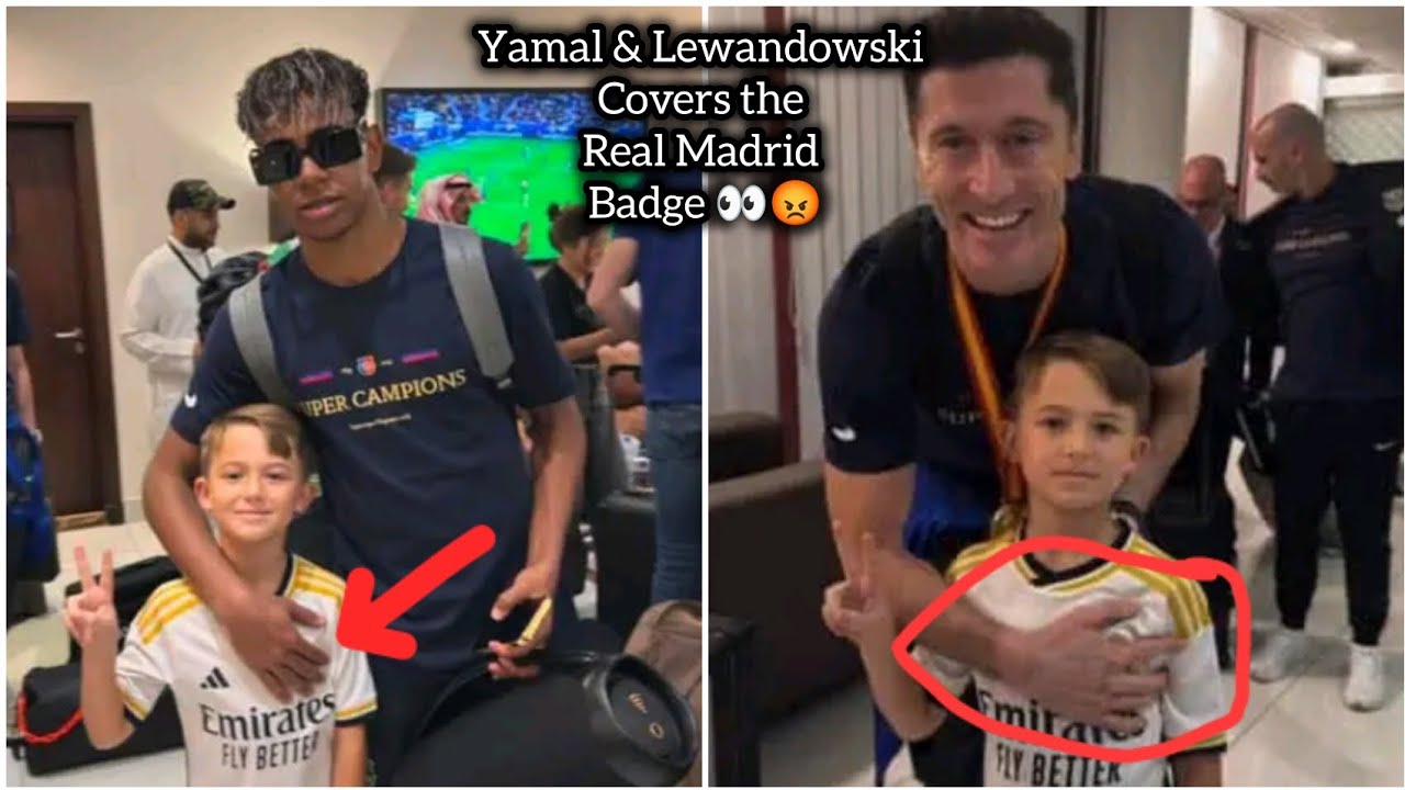 Lamine Yamal & Lewandowski covering this young Real Madrid fan badge 👀😡