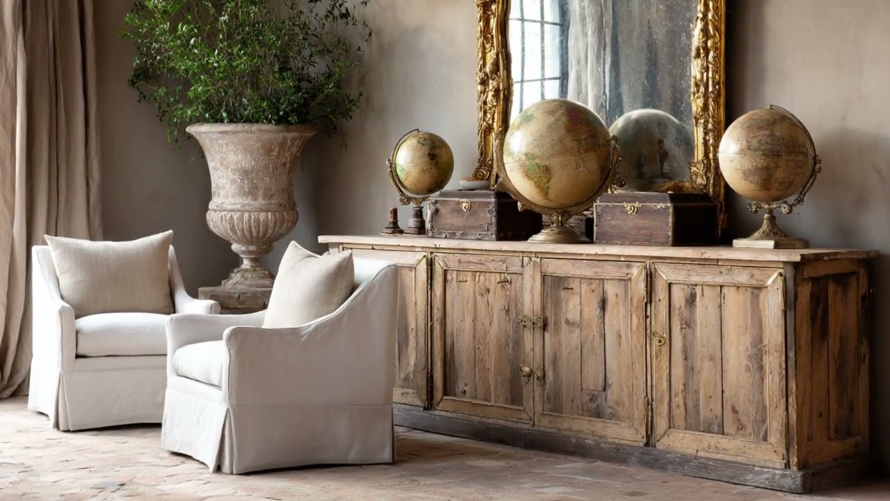 Magnolia Home-inspired French Vintage Living: Distressed furniture, linen slipcover&rustic gold trim