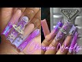 Purple chrome nails   moon shape  aurora air brush effect using acrylic