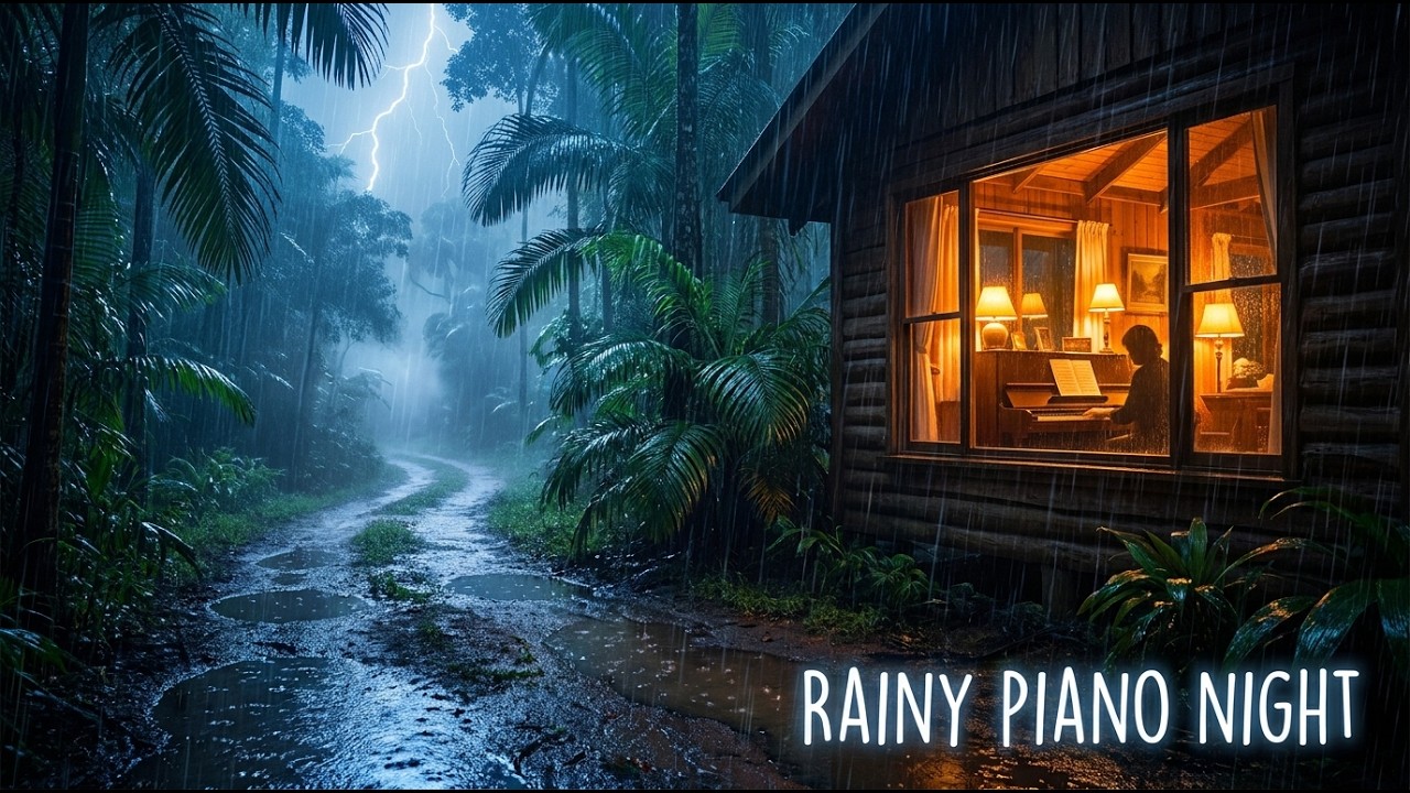 Cozy Tropical Rain LIVE ☔ Night Piano Sounds for Stress Relief and ...