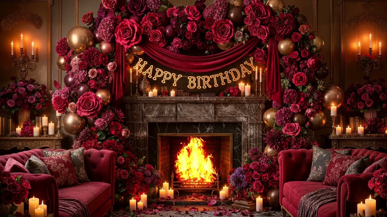 Birthday background, birthday party fireplace, floral birthday wallpaper, burgundy birthday ambience