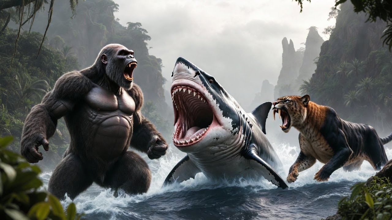 King Kong vs Giant Shark Megalodon & Saber-Tooth Smilodon: Deep Sea Warfare