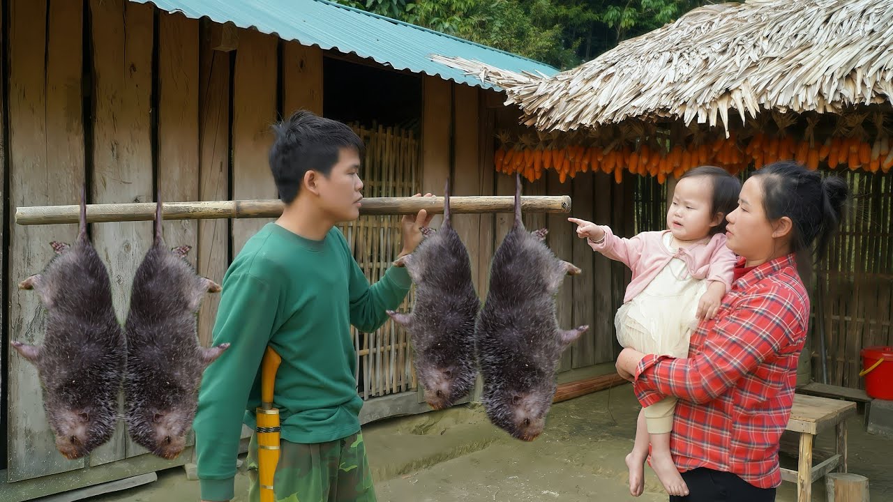 Farm life in the forest, checking animal traps, simple meals with wife and daughter, survival skills